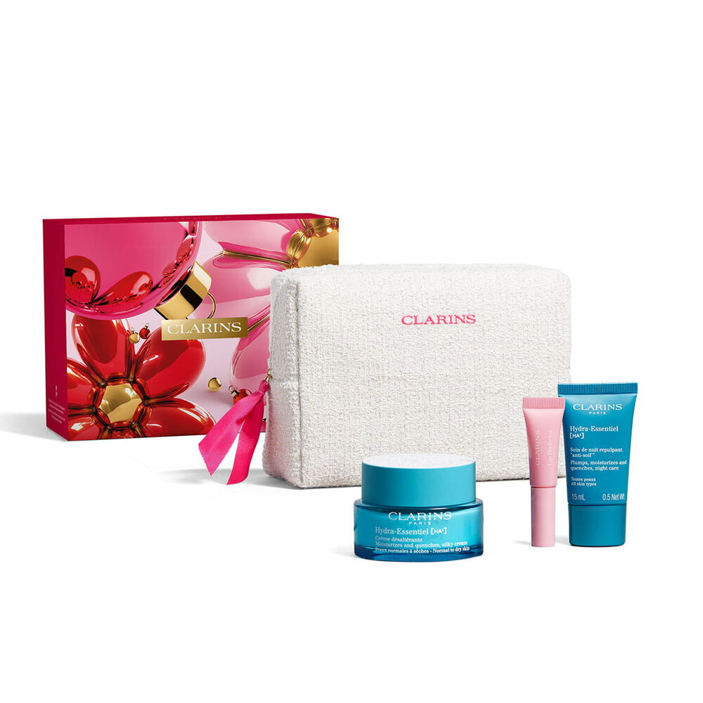 Clarins hydrating skincare gift set with hydra essentiel cream lip perfector and night care inside a floral beauty pouch.