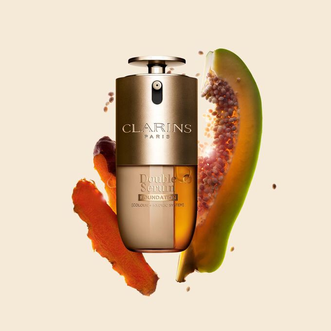 Packshot of Clarins Double Serum Foundation available for every skin tone, featuring key ingredients turmeric and papain