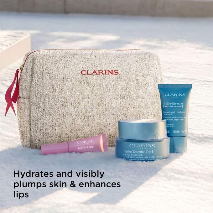 Clarins hydrating skincare set pouch with hydra essentiel products promising to hydrate plump skin and enhance lips glow.