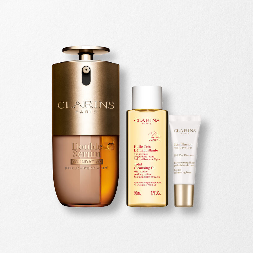 Packshot of Clarins Double Serum Foundation available for every skin tone, featuring key ingredients turmeric and papain