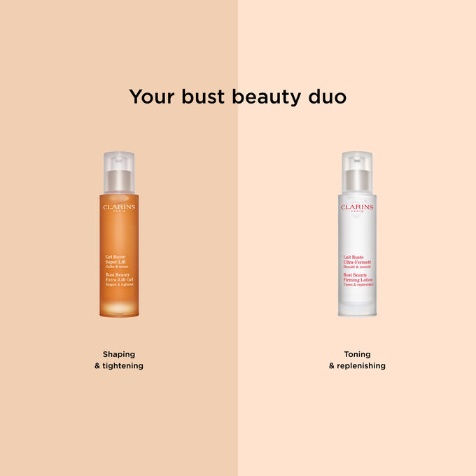 Packshot of Clarins' Bust Beauty duo: Extra-Lift Gel and Firming Lotion, the perfect pair to shape, tighten, tone, and replenish