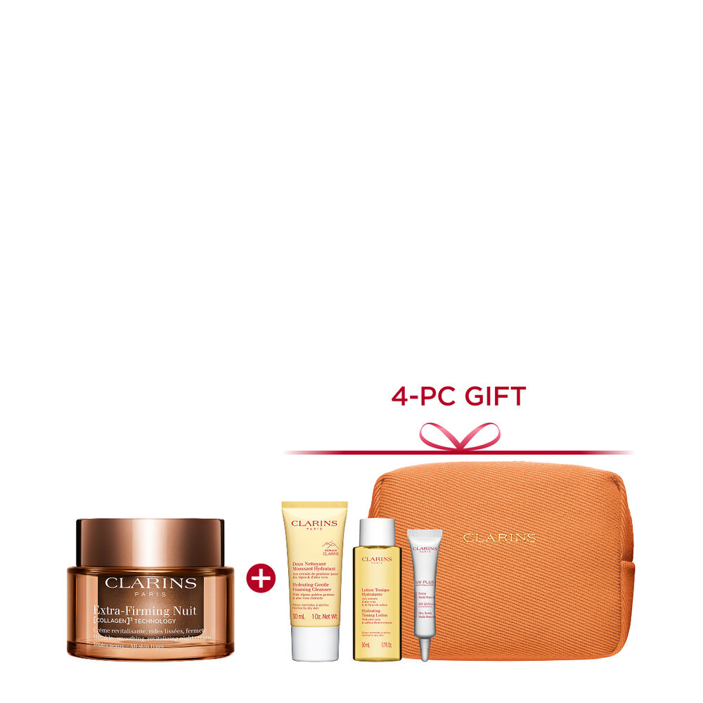 Packshot of Clarins Extra Firming Night Cream for all skin types, alongside mitracarpus plant, pecan seed, and collagen molecule