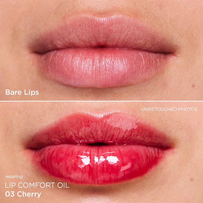 Before and after close-up of a woman’s lips, showing the results after applying the dark red lip oil