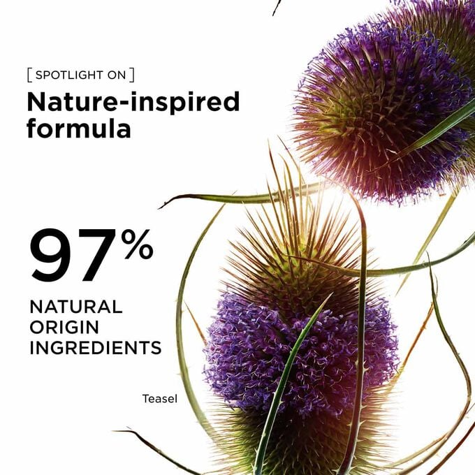 Nature-inspired anti-ageing formula with ninety-seven percent natural ingredients and teasel extract for skin health.