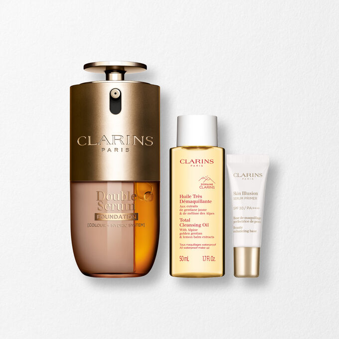 Packshot of Clarins Double Serum Foundation available for every skin tone, featuring key ingredients turmeric and papain