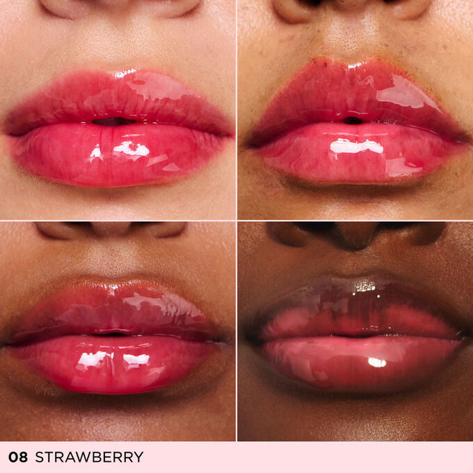 Before and after close-up of a woman&rsquo;s lips, showing the results after applying the dark pink ton lip oil