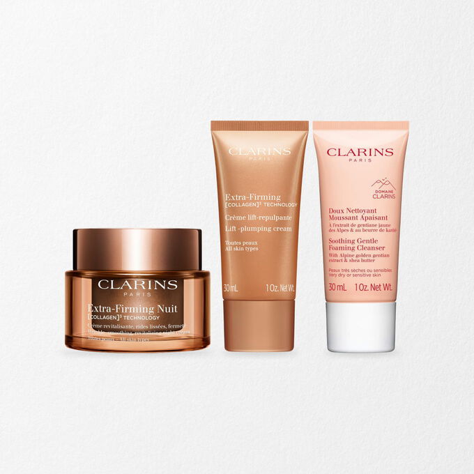 Packshot of Clarins Extra Firming Night Cream for all skin types, alongside mitracarpus plant, pecan seed, and collagen molecule