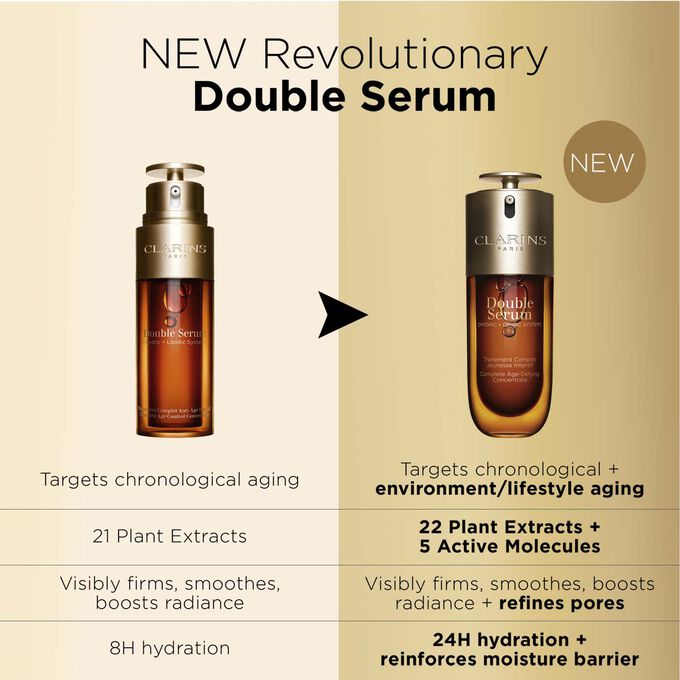 Evolution between old and new Double Serum in terms of skincare benefits.
