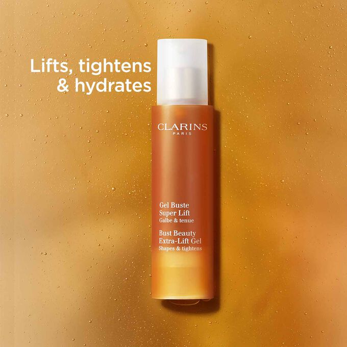 Packshot of Clarins Bust Beauty Extra-lift Gel with text emphasising the tightening and hydrating action of the product.
