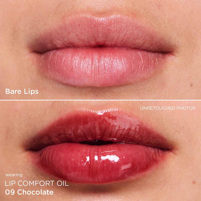 Before and after close-up of a woman’s lips, showing the results after applying the chocolat ton lip oil