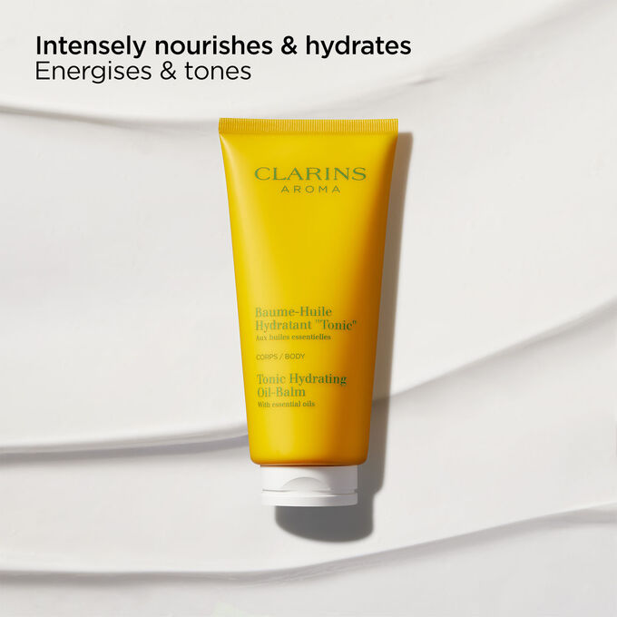 Image featuring Clarins Tonic Hydrating Oil-balm, highlighting its skin-nourishing, energising, and hydrating properties.