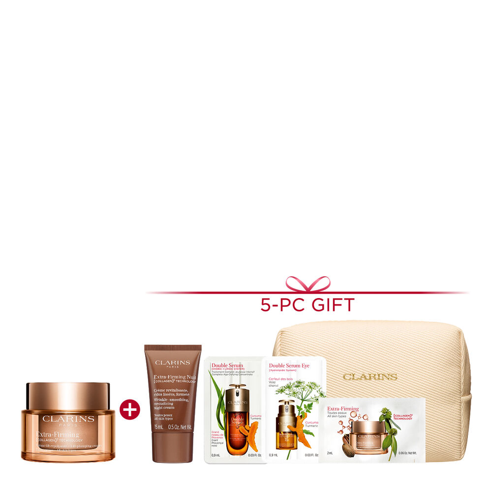 Packshot of Clarins Extra Firming  Cream for all skin types, alongside mitracarpus plant, pecan seed, and collagen molecule