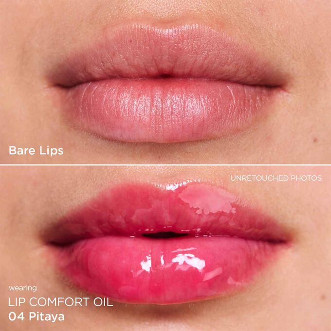 Before and after close-up of a woman’s lips, showing the results after applying the pink lip oil