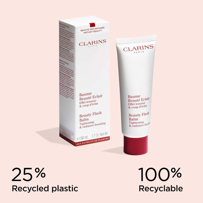 Tube of Clarins Beauty Flash Balm with its packaging, illustrating the recyclable origin of the materials used.