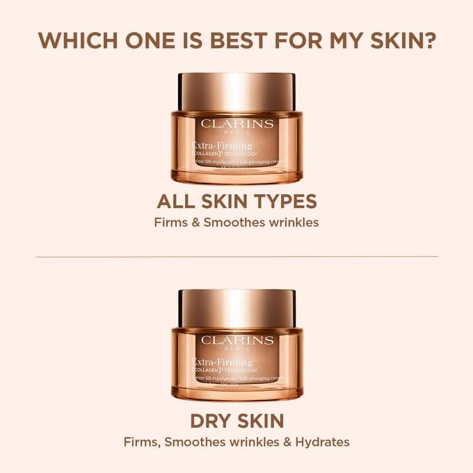 Packshot of two Extra Firming Creams: one for all skin types and one for dry skin, depending on your skin type.