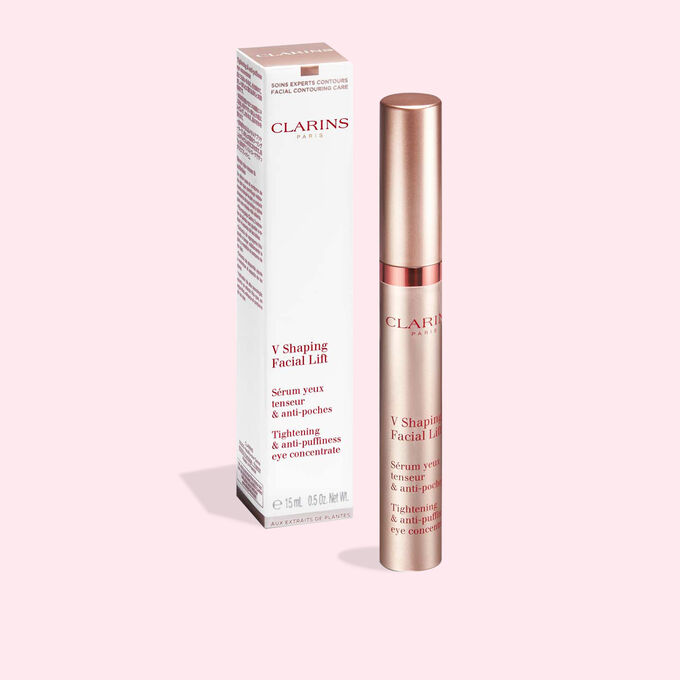 Clarins V Shaping Facial Lift Eye contour gel and its packaging to illustrate the recyclable origin of the packaging.