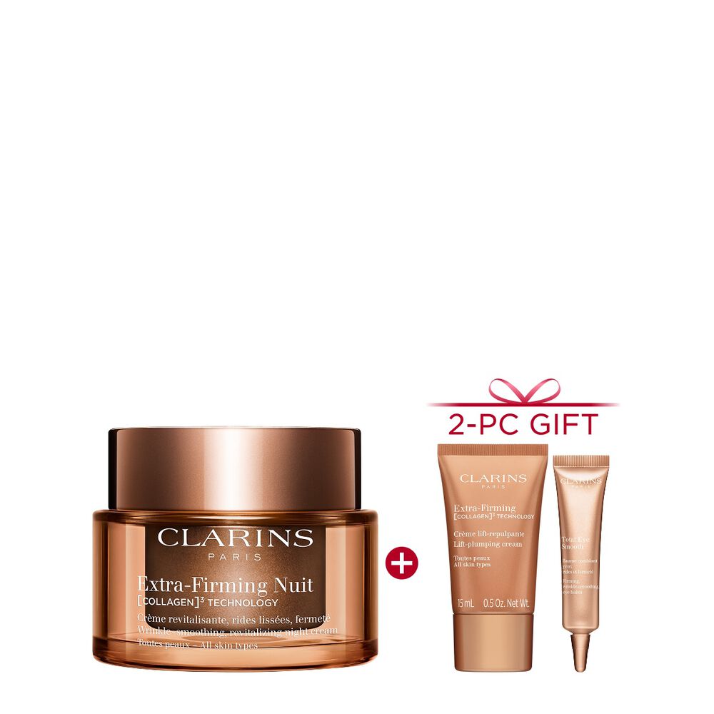 Packshot of Clarins Extra Firming Night Cream for all skin types, alongside mitracarpus plant, pecan seed, and collagen molecule
