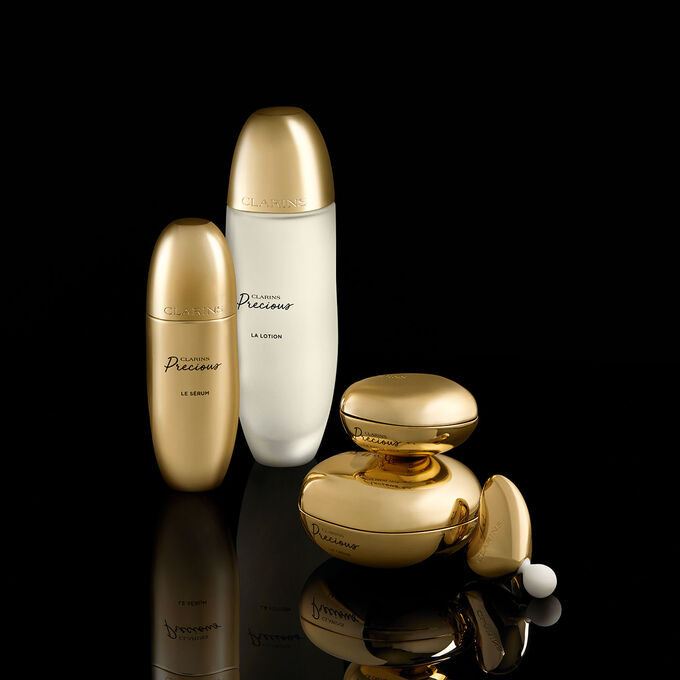 Packshot of Clarins Precious Luxury skincare range that make up the perfect anti-ageing routine.