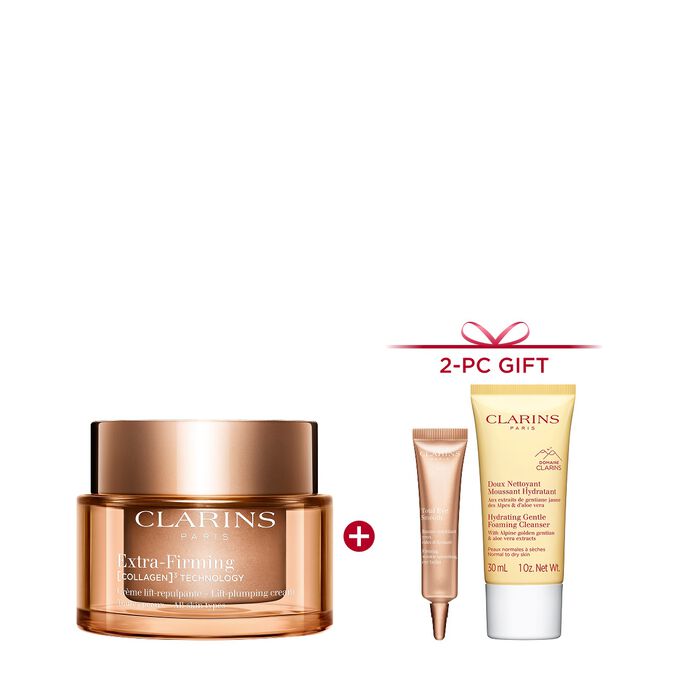 Packshot of Clarins Extra Firming  Cream for all skin types, alongside mitracarpus plant, pecan seed, and collagen molecule