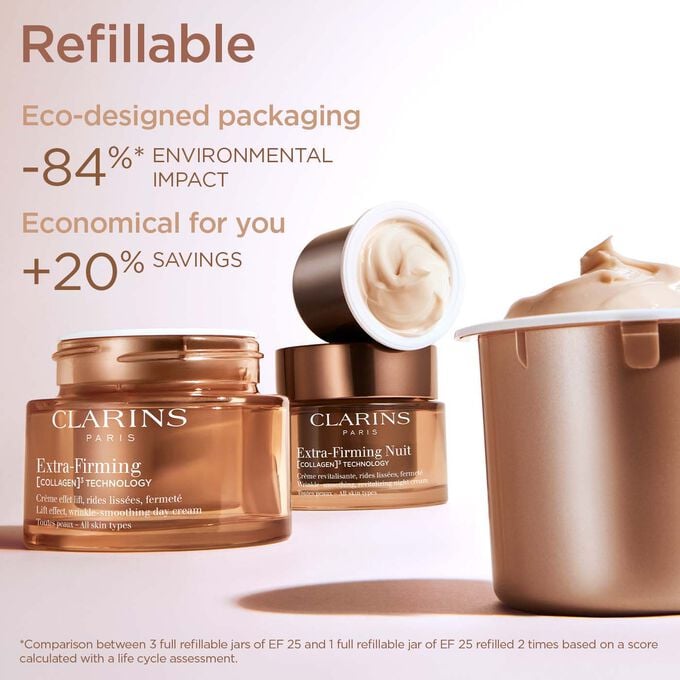 Focus on the Extra Firming Day Cream packaging to illustrate that refillable day cream is a sustainable and economical option.
