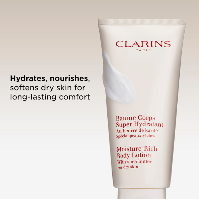 Clarins Moisture-Rich Body Lotion packshot, highlighting its hydrating properties for ultimate comfort on dry skin.