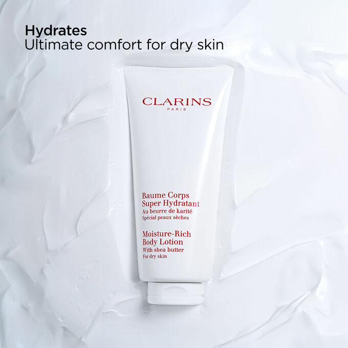 Clarins Moisture-Rich Body Lotion packshot, highlighting its hydrating properties for ultimate comfort on dry skin.