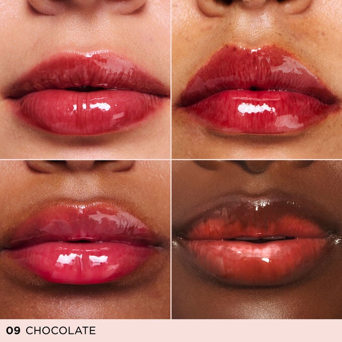 Before and after close-up of a woman&rsquo;s lips, showing the results after applying the chocolat ton lip oil