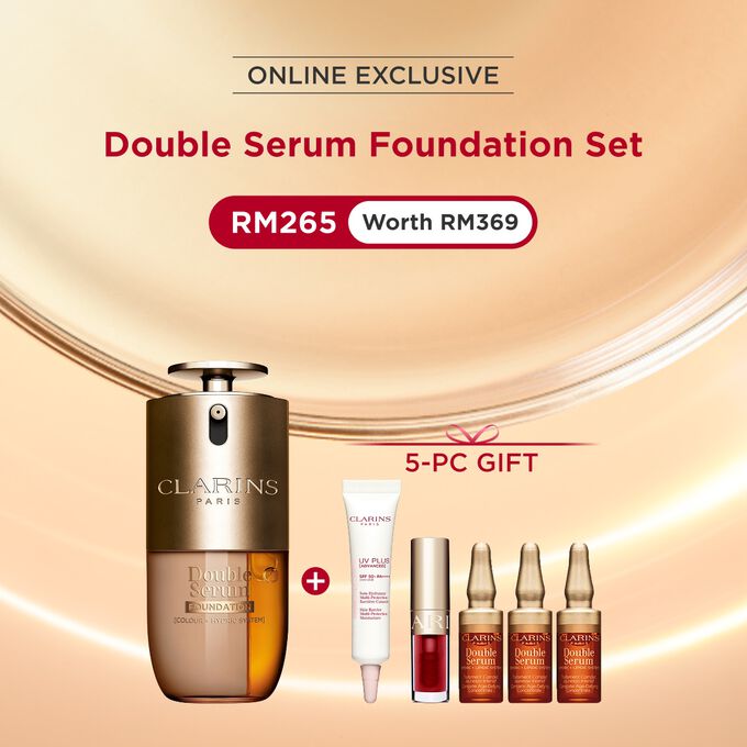Packshot of Clarins Double Serum Foundation available for every skin tone, featuring key ingredients turmeric and papain