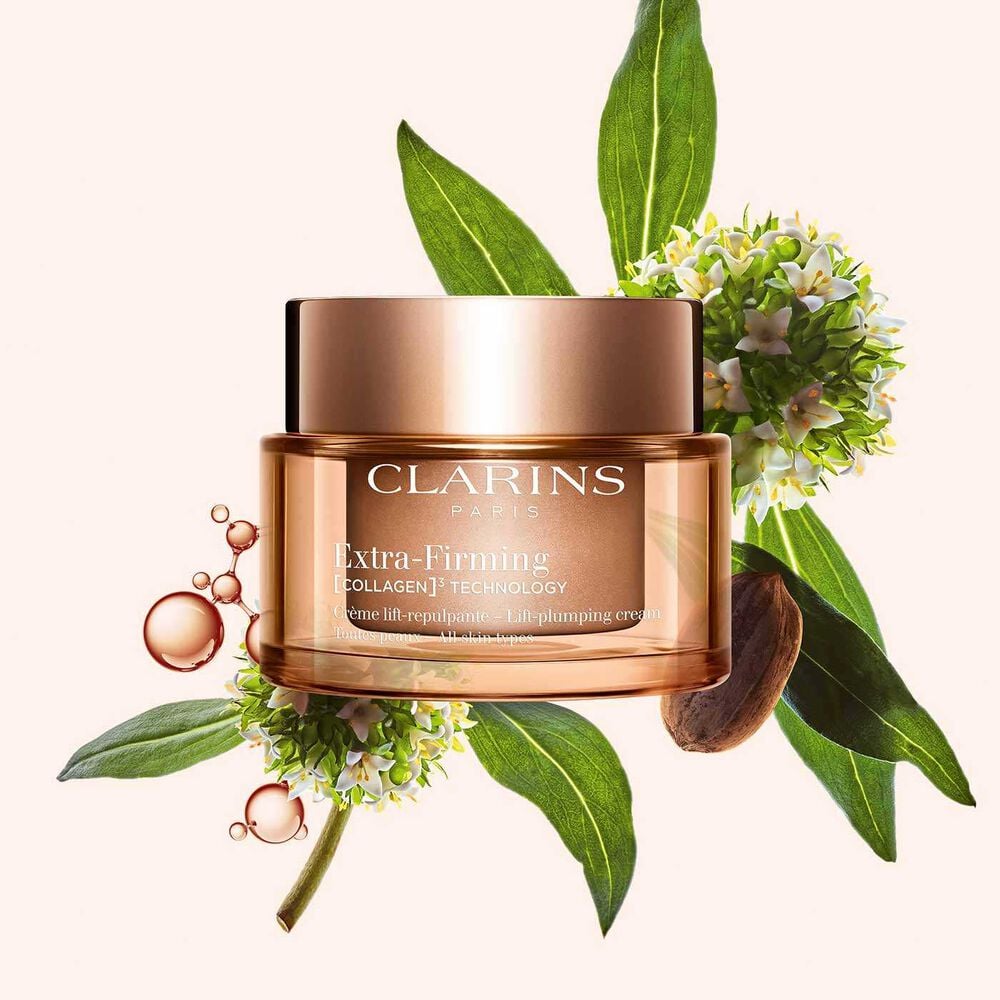 Packshot of Clarins Extra Firming  Cream for all skin types, alongside mitracarpus plant, pecan seed, and collagen molecule