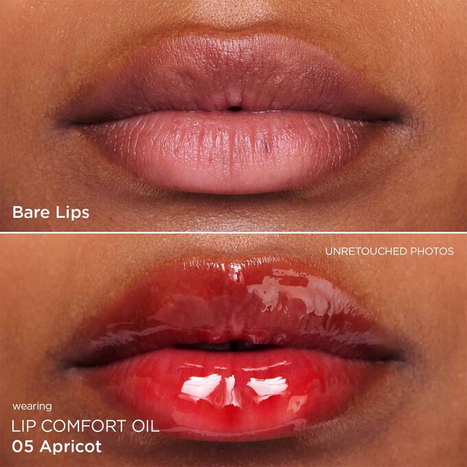 Before and after close-up of a woman’s lips, showing the results after applying the orange ton lip oil