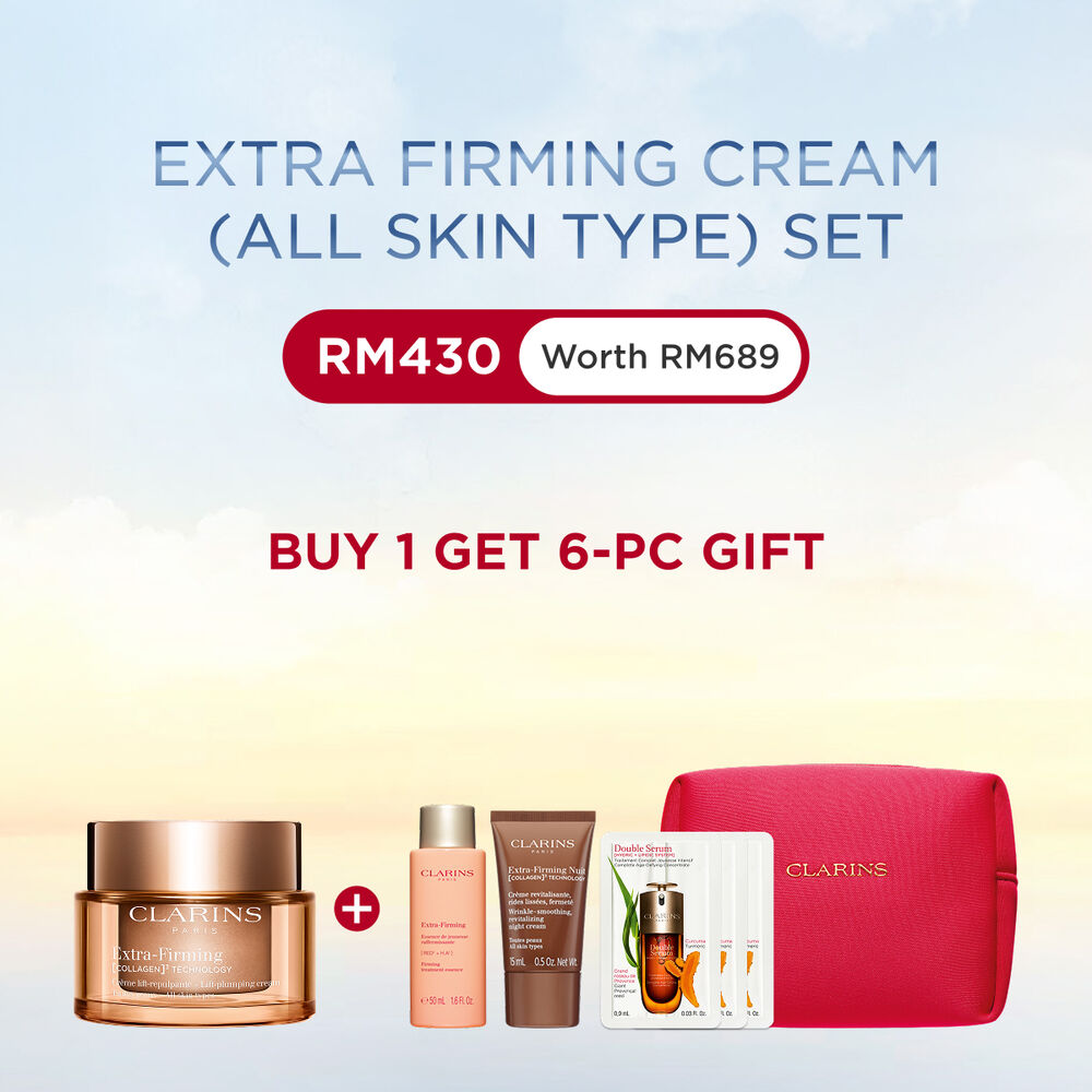 Packshot of Clarins Extra Firming  Cream for all skin types, alongside mitracarpus plant, pecan seed, and collagen molecule