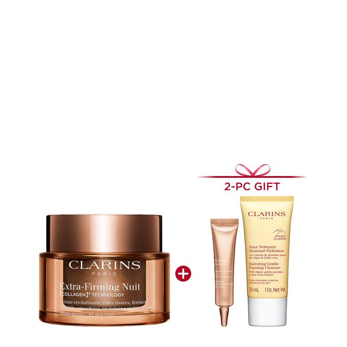 Packshot of Clarins Extra Firming Night Cream for all skin types, alongside mitracarpus plant, pecan seed, and collagen molecule