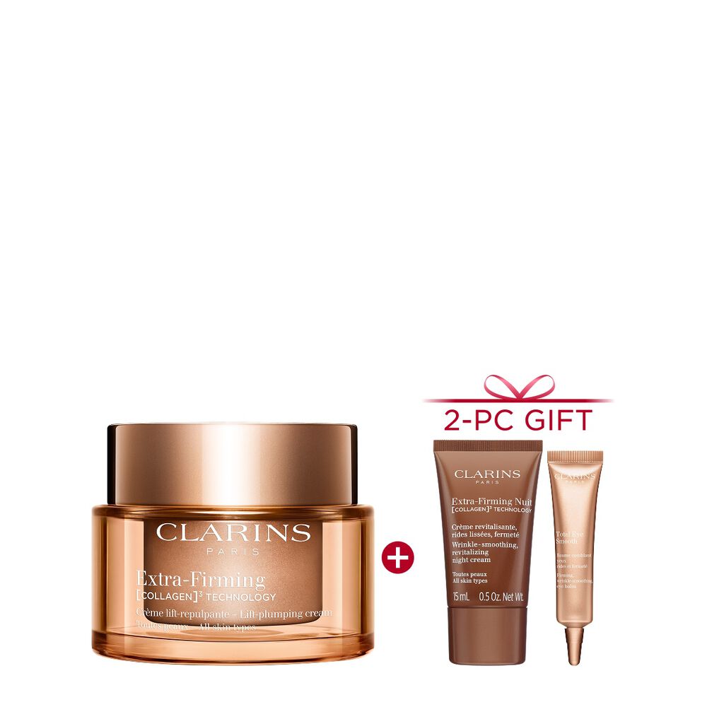 Packshot of Clarins Extra Firming  Cream for all skin types, alongside mitracarpus plant, pecan seed, and collagen molecule