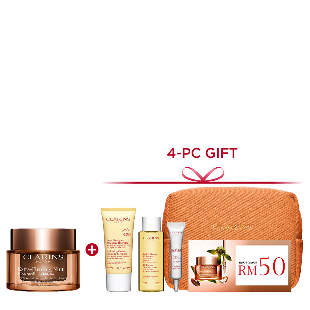 Packshot of Clarins Extra Firming Night Cream for all skin types, alongside mitracarpus plant, pecan seed, and collagen molecule