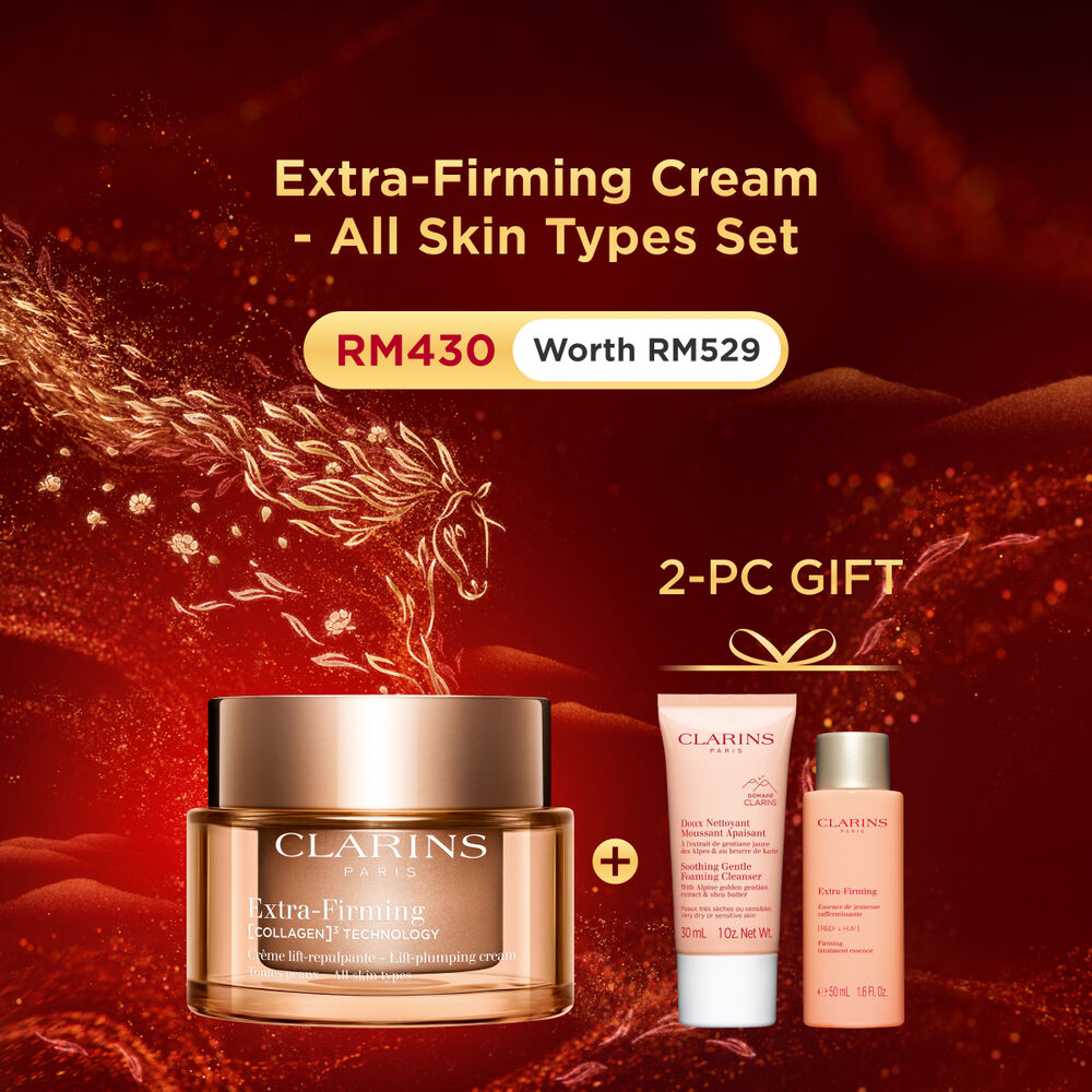 Packshot of Clarins Extra Firming  Cream for all skin types, alongside mitracarpus plant, pecan seed, and collagen molecule